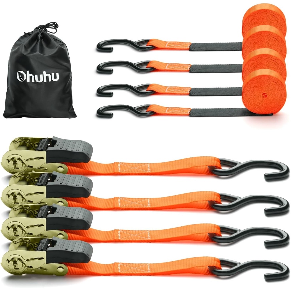 image:imageOhuhu Ratchet Tie Down Straps 4 Pack 15 Ft 500 Lbs Load Cap with 1500 Lb Breaking Limit Cargo Car Truck Roof Rack Ratchet Strap Set for Lawn Equipment Moving Appliances Motorcycle Orange