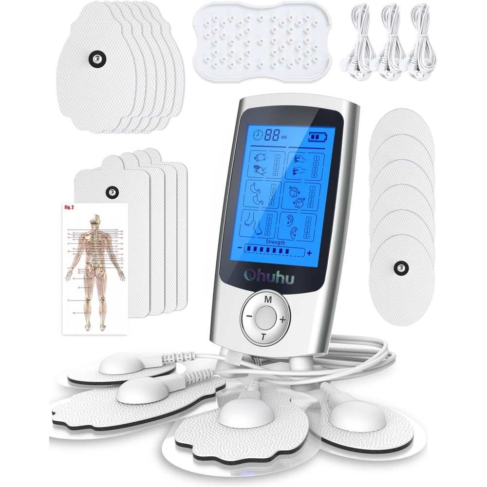 image:imageOhuhu Tens Unit Muscle Stimulator 24 Modes Rechargeable Tens Stimulator Machine16 Pads Electric EMS Unit Massager Acupoint Map Included for Back Shoulder Legs Pain Relief Mother Father GiftSilver