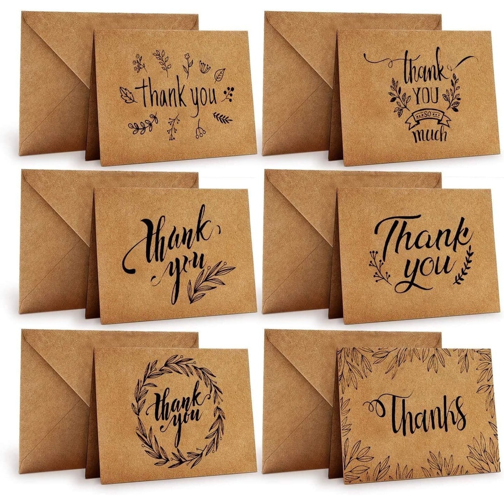 image:imageThank You Cards of Ohuhu 36 Pack Brown Kraft Paper 6 Design of Assorted Thank U Greeting Note Card with Envelopes and Stickers for Wedding Business Birthday Baby Shower Blank Inside 4 x 6 Inch